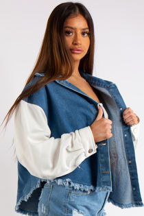 Jersey Sleeve Combo Frayed Denim Jacket