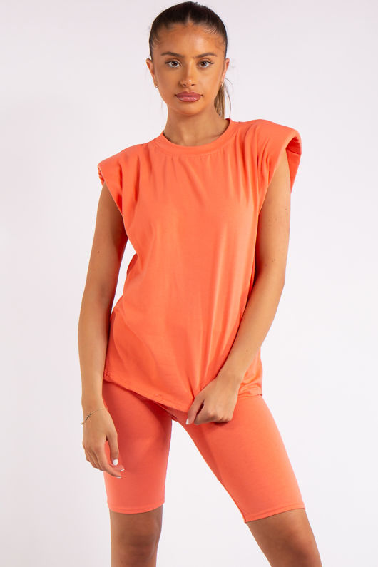 Raquel Coral Padded Shoulder TShirt Cycling Shorts Set
