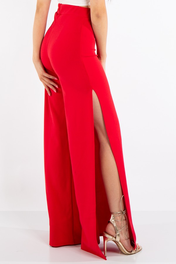 Red High Waist Side Split Trousers