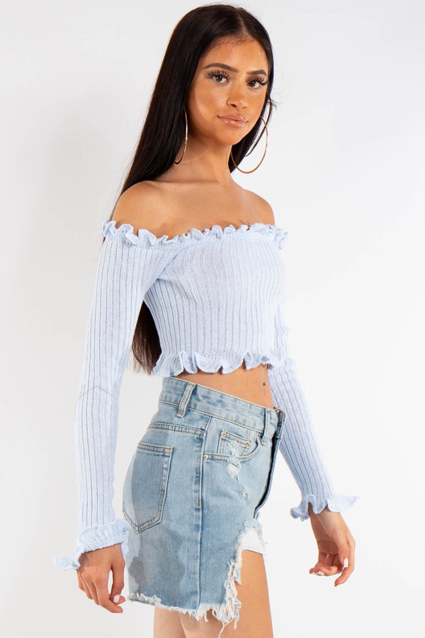 SkyBlue Bardot Knitted Crop Top