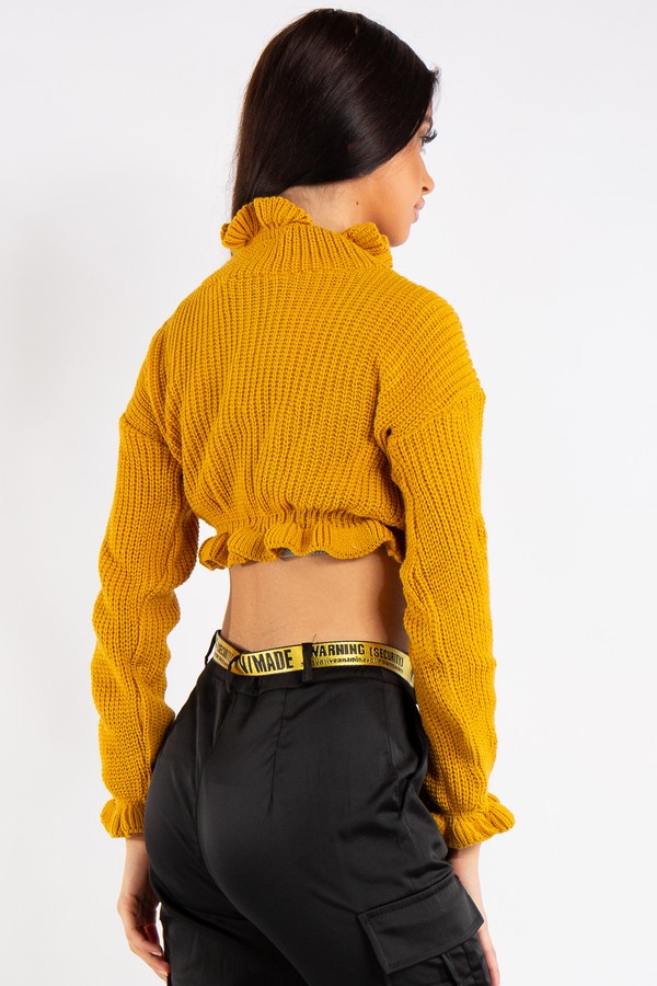 Emma Mustard Ruffle Neck Cropped Jumper