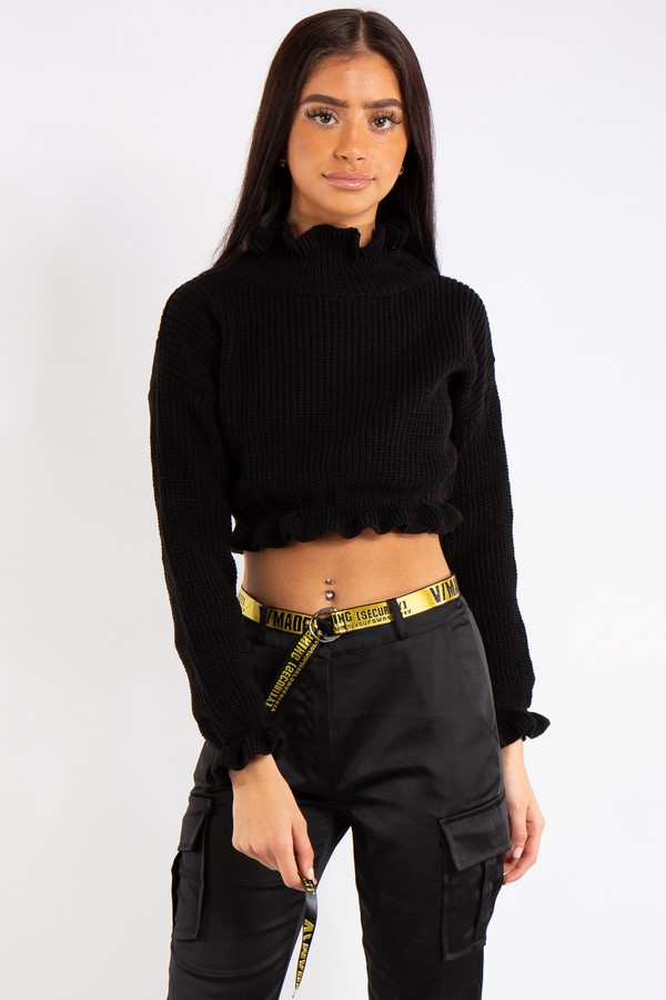 Emma Black Ruffle Neck Cropped Jumper