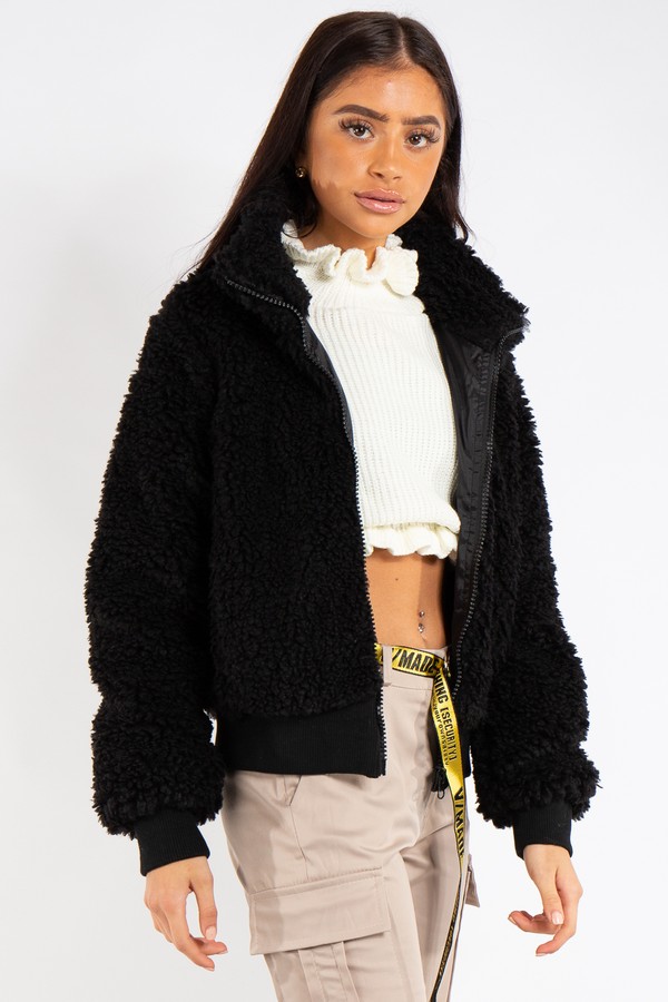 black teddy bomber jacket