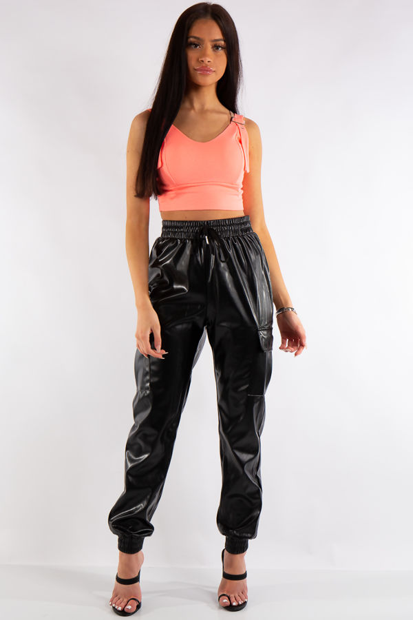 black leather cargo joggers