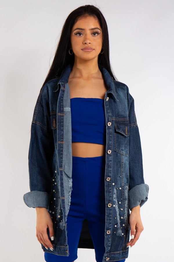 long dark blue denim jacket