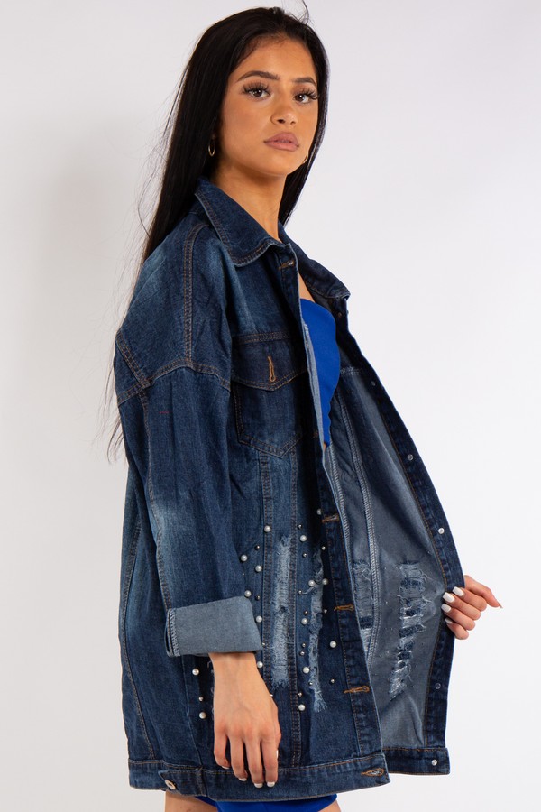 Dark Blue Denim Long Distressed Denim Jacket