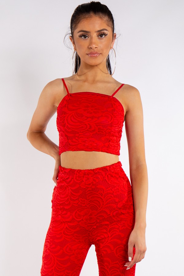 Red Lace Crop Top & Trouser CoOrd Set