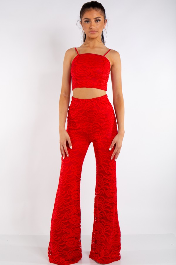 Red Lace Crop Top & Trouser Co-Ord Set