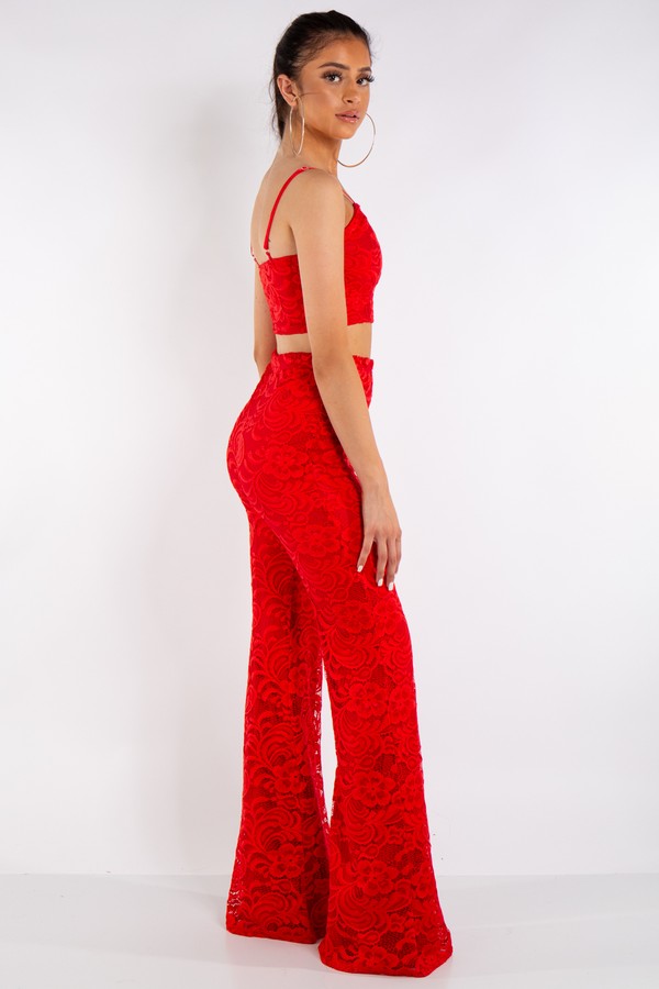 Red Lace Crop Top & Trouser CoOrd Set