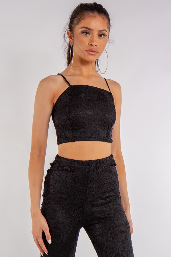 Black Lace Crop Top & Trouser CoOrd Set