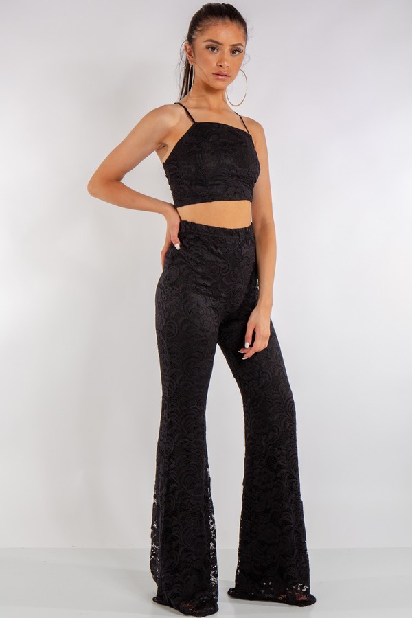 Black Lace Crop Top & Trouser CoOrd Set