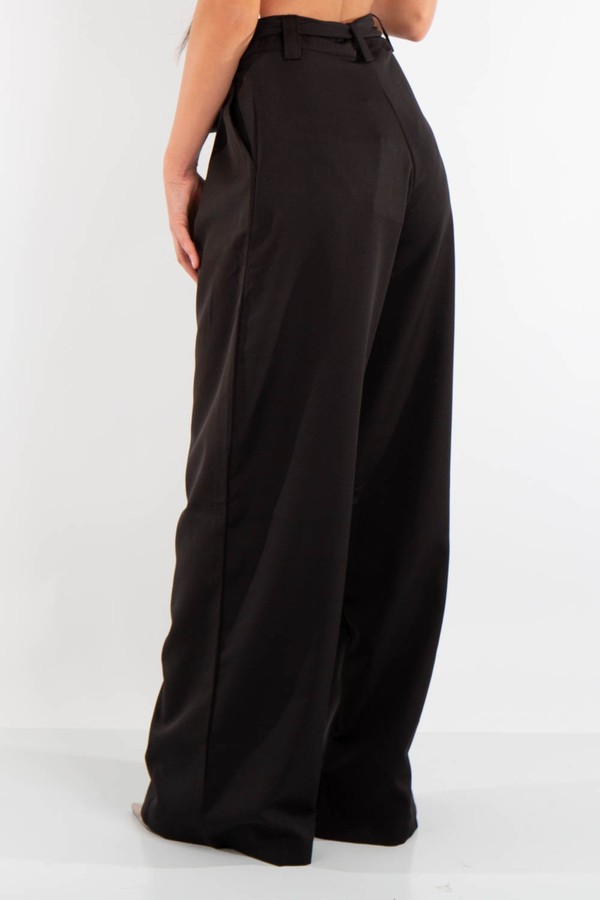 Black Wide Leg High Waist Belt Trousers