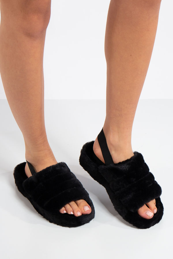 black fluffy sandals