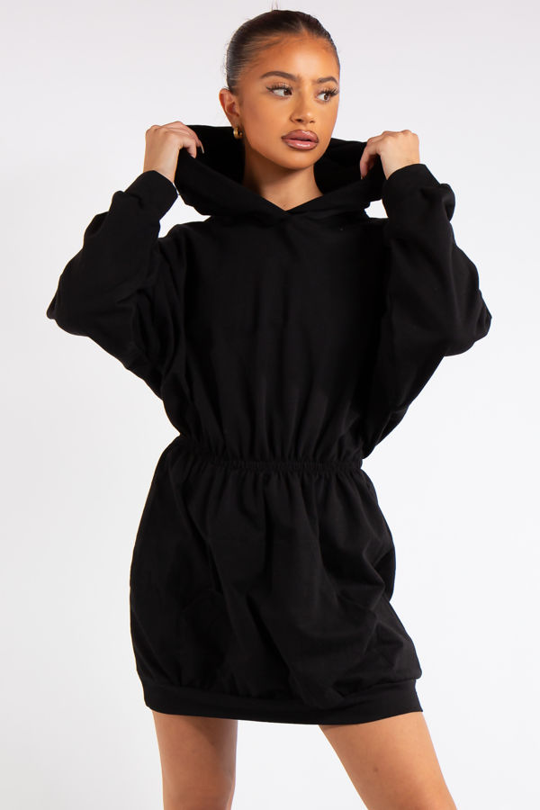 Oaklee Black Hooded Elastic Jumper Dress