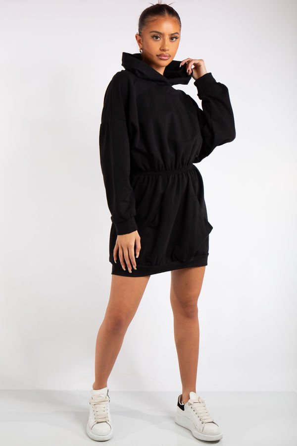 Oaklee Black Hooded Elastic Jumper Dress