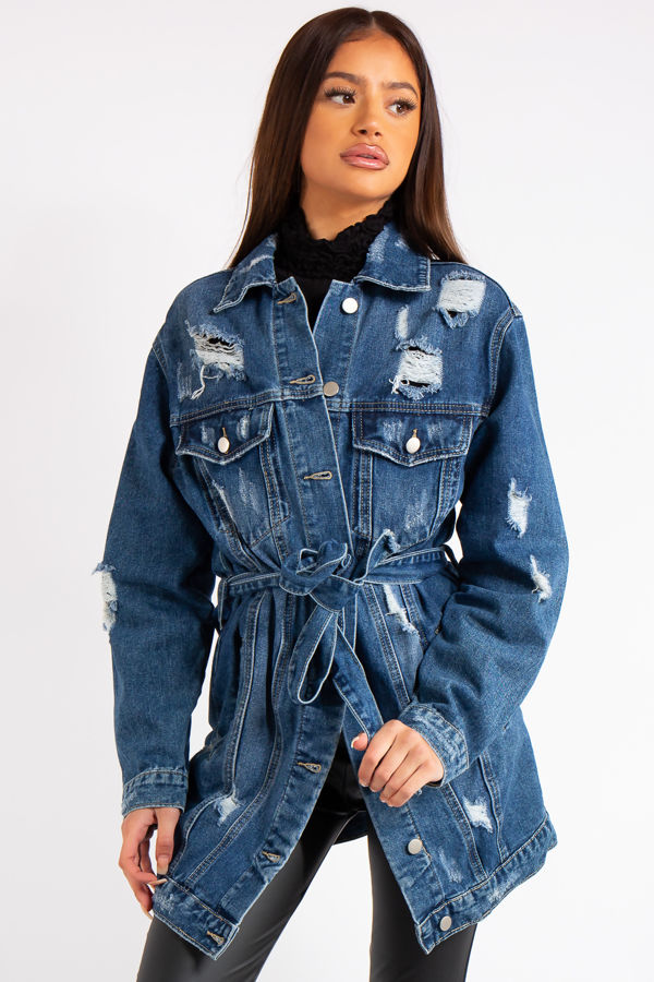 Desiree Blue Denim Longline Belted Distressed Denim Jacket