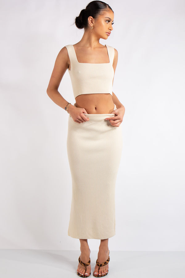 Marie Beige Square Neck Knitted Skirt 