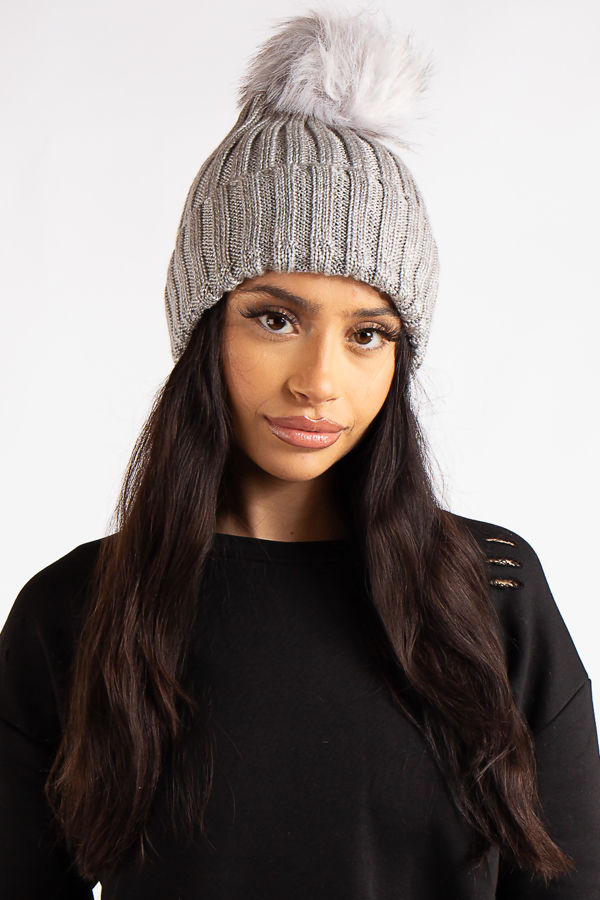 Saylor Grey Ribbed Knit Lurex Faux Fur 