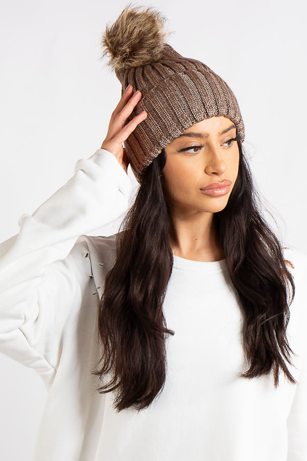 Saylor Brown Ribbed Knit Lurex Faux Fur 