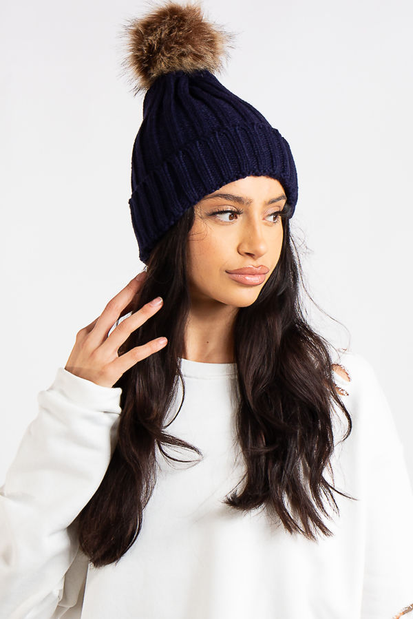 Jimena Navy Ribbed Knit Faux Fur Bobble 