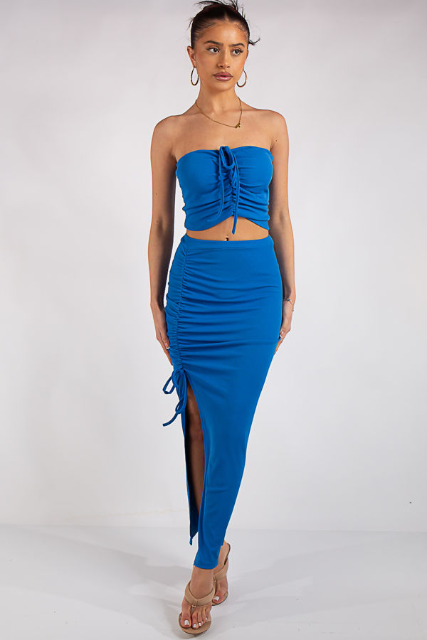 Mariana Blue Rib Bandeau Ruched Skirt Co Ord Set