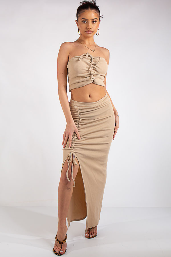 Mariana Beige Rib Bandeau Ruched Skirt 