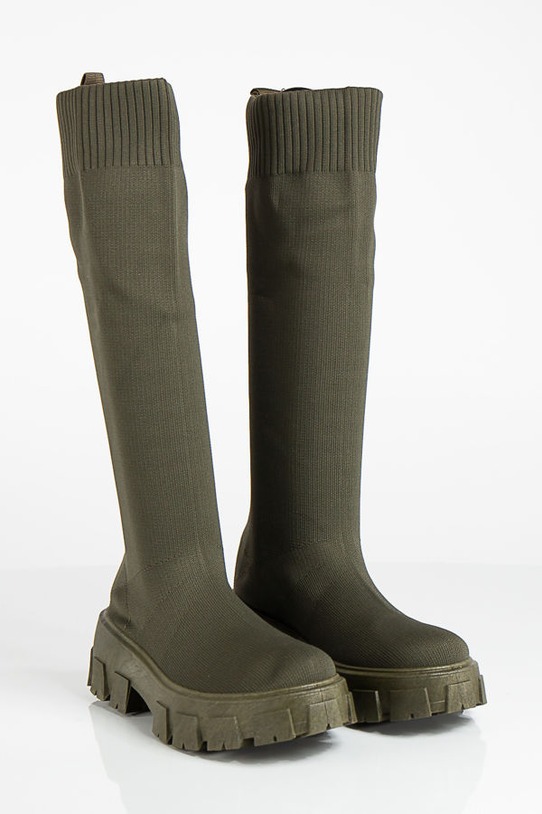 Maria Khaki Knitted Knee High Sock Boots