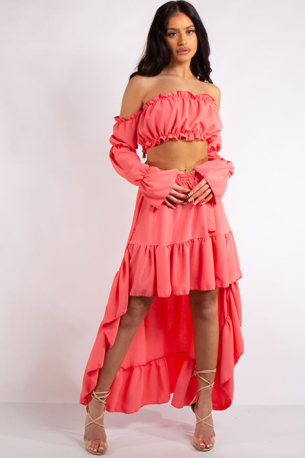 Savannah Coral Frill Crop Top and High 